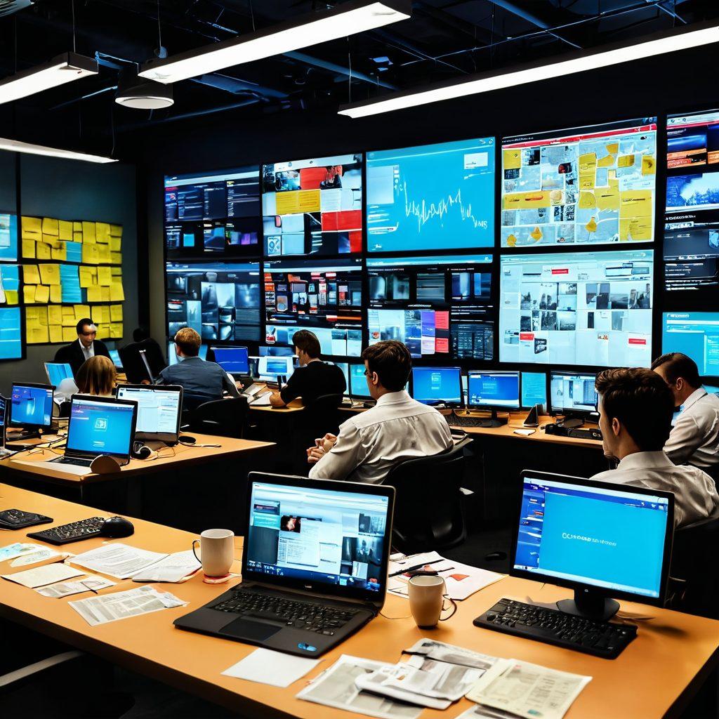 A dynamic newsroom with journalists using various digital devices, showcasing multiple screens displaying breaking news, social media feeds, and video reports. Highlight the transformation from traditional paper to digital formats, featuring elements like tablets, smartphones, and laptops. Include diverse reporters engaging in discussions, surrounded by vibrant post-it notes and brainstorming ideas. Captivating atmosphere that symbolizes the evolution of news reporting. super-realistic. vibrant colors. 3D.