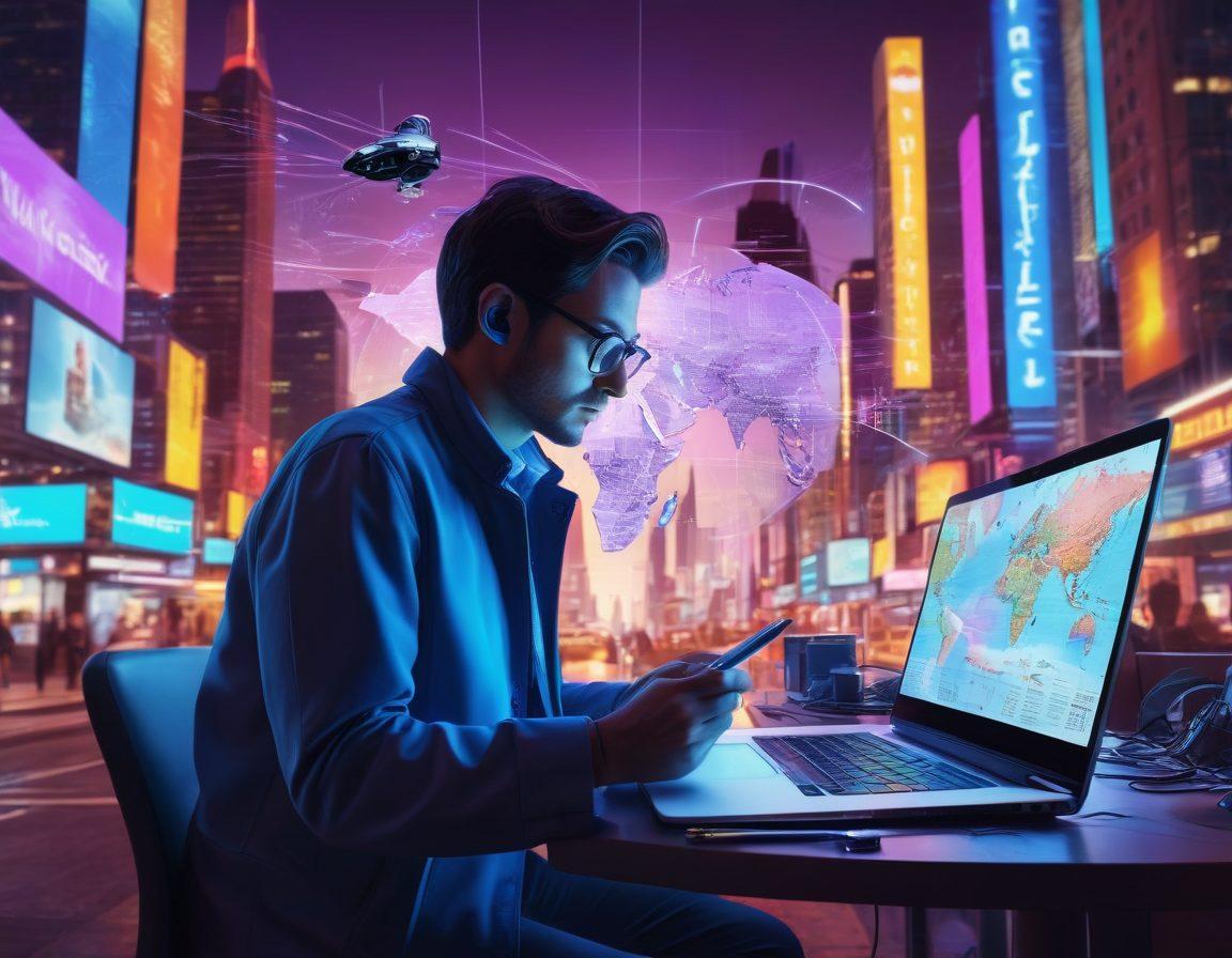 A digital collage showcasing a modern journalist in a bustling city, surrounded by high-tech gadgets, laptops displaying news articles, and social media feeds. The background features a dynamic skyline with vibrant neon lights and a holographic world map. Symbols of truth and discovery, like a magnifying glass and a pen, float around them, representing the essence of investigative journalism. The overall tone is energetic and forward-thinking. vibrant colors. 3D. digital art.