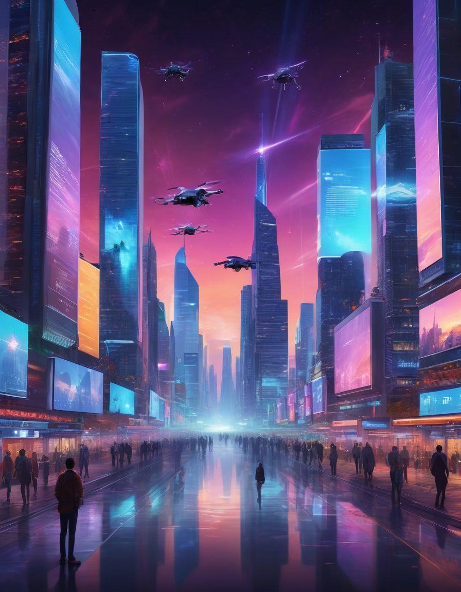 A futuristic city skyline with digital screens displaying online journals and news articles, people interacting with holographic devices, flying drones capturing news footage, vibrant colors illuminating the night sky. The scene should blend elements of technology, journalism, and urban life, emphasizing the evolution of reporting in a digital age. super-realistic. vibrant colors. dynamic perspective.